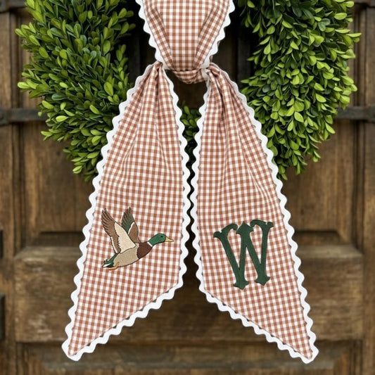 Personalized Mallard Duck Wreath Bow, Custom Monogram Fall Door Decor, Gingham Holiday Hanger, Outdoor Hostess Gift
