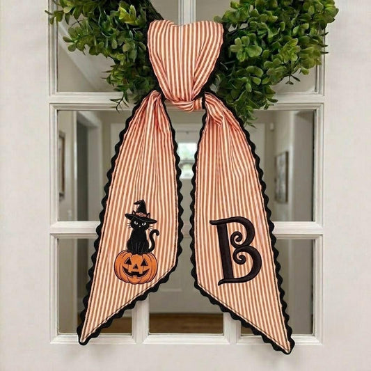 Halloween Monogram Wreath Sash, Embroidered Witch Cat Pumpkin Hanger, Striped Cottagecore Door Bow, Autumn Gift