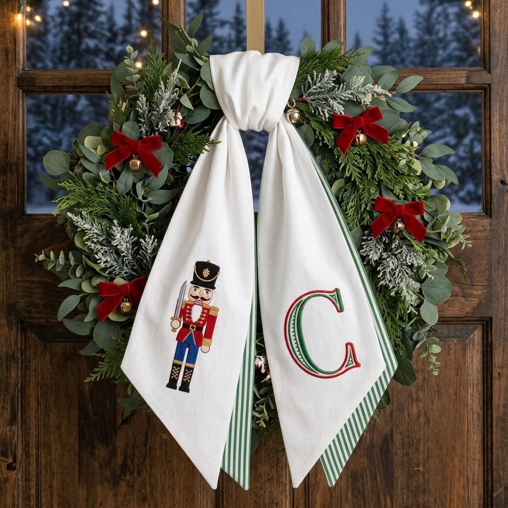 Personalized Christmas Wreath Sash, Embroidered Nutcracker Monogram Front Door Decor, Gignham Holiday Bow
