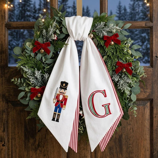 Personalized Christmas Wreath Sash, Embroidered Nutcracker Monogram Front Door Decor, Gignham Holiday Bow
