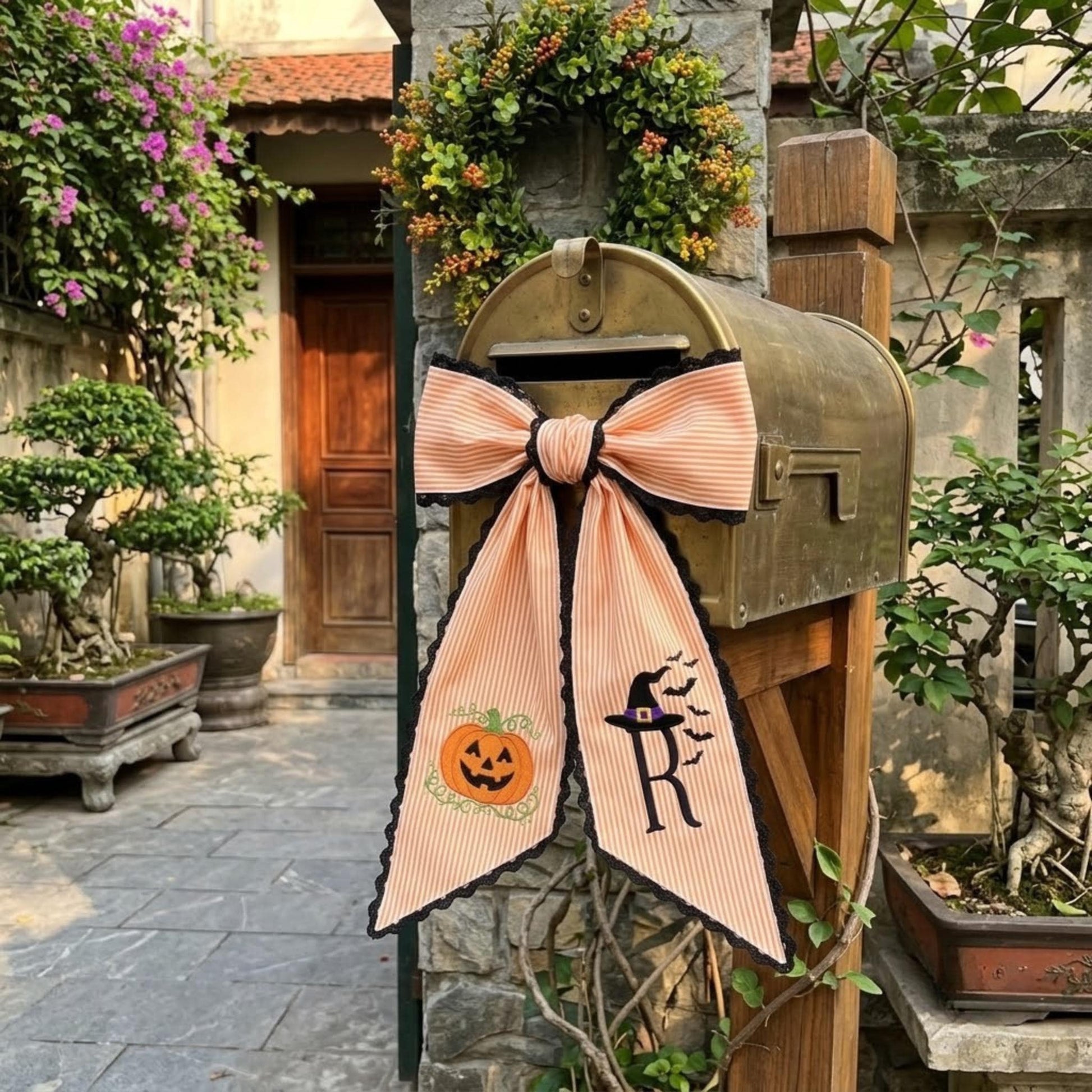 Personalized Halloween Wreath Sash, Embroidered Pumpkin Door Decor, Orange Striped Monogram Bow