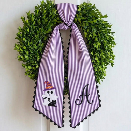 Embroidered Halloween Monogram Wreath Sash, Witch Cat Pumpkin Door Decor, Cottagecore Autumn Hanger