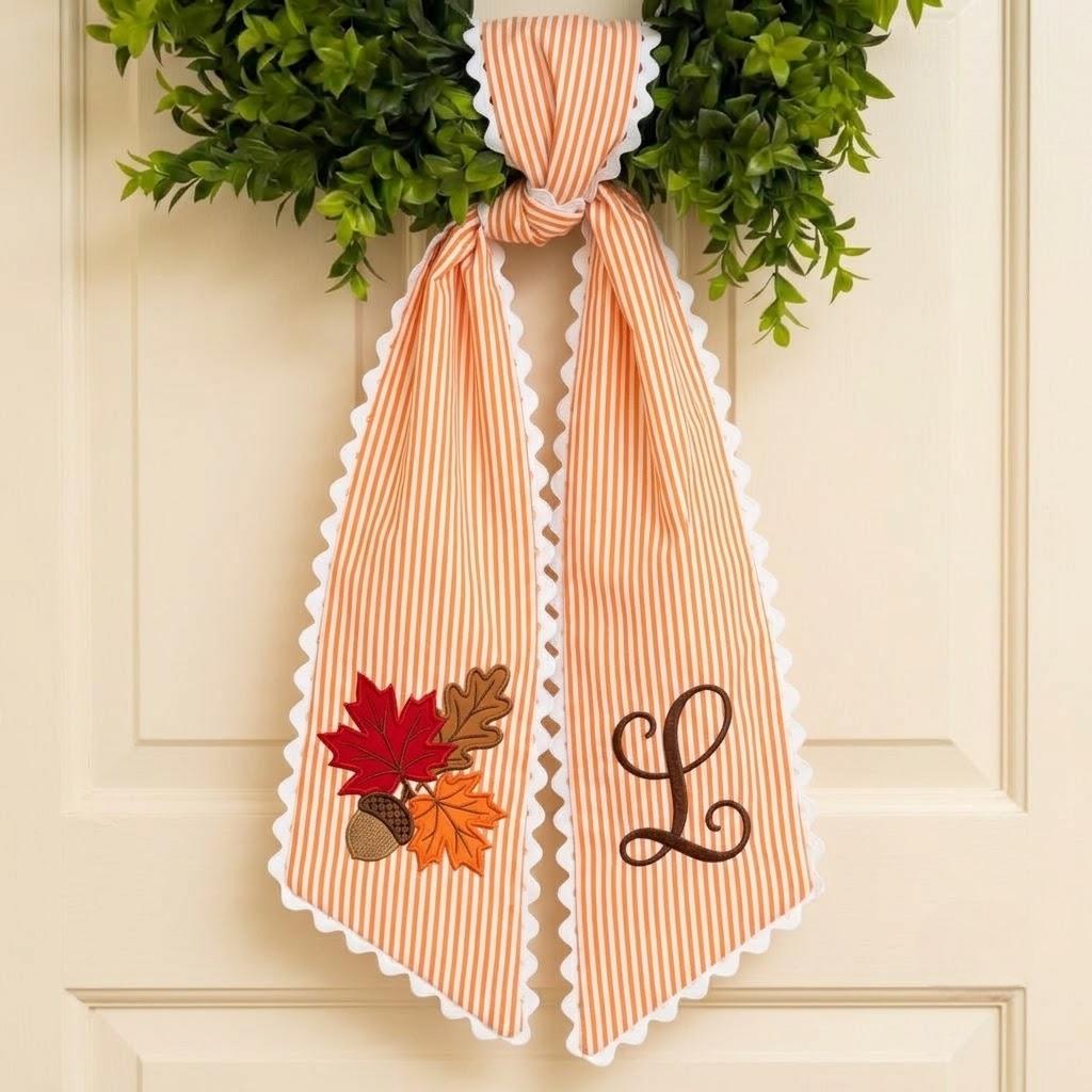 Personalized Monogram Fall Wreath Sash, Embroidered Autumn Leaf Door Decor, Gingham Ric Rac Bow, Harvest Porch Decor