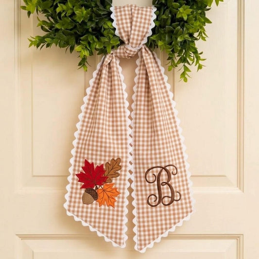 Personalized Monogram Fall Wreath Sash, Embroidered Autumn Leaf Door Decor, Gingham Ric Rac Bow, Harvest Porch Decor