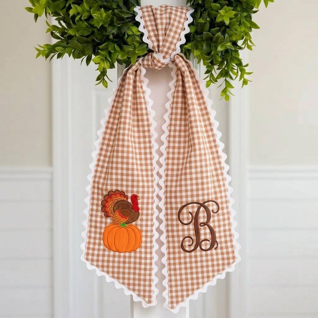 Personalized Holiday Turkey Wreath Sash, Embroidered Fall Pumpkin Monogram Hanger, Autumn Porch Decor