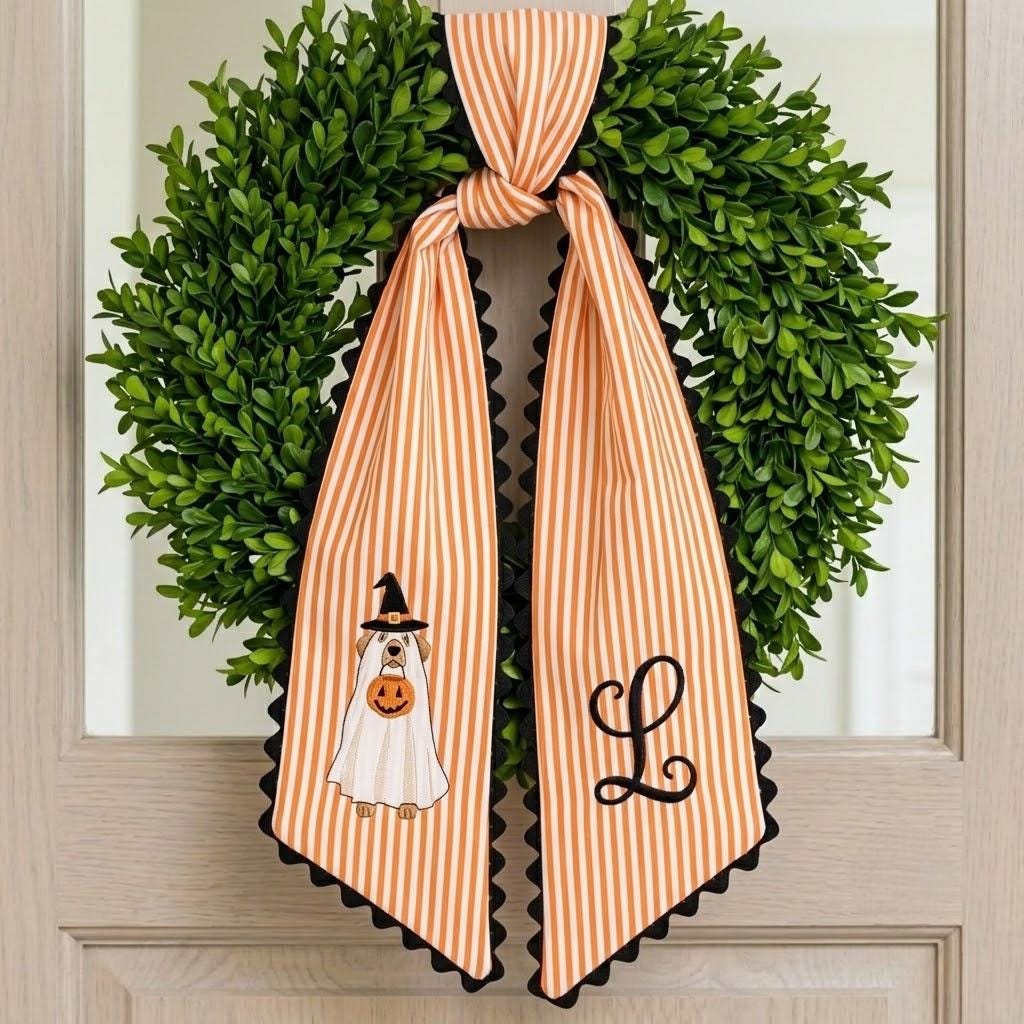 Embroidered Ghost Golden Retriever Wreath Sash, Custom Halloween Initial Door Hanger, Dog Lover Gift