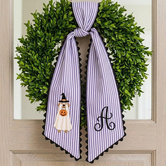 Embroidered Ghost Golden Retriever Wreath Sash, Custom Halloween Initial Door Hanger, Dog Lover Gift