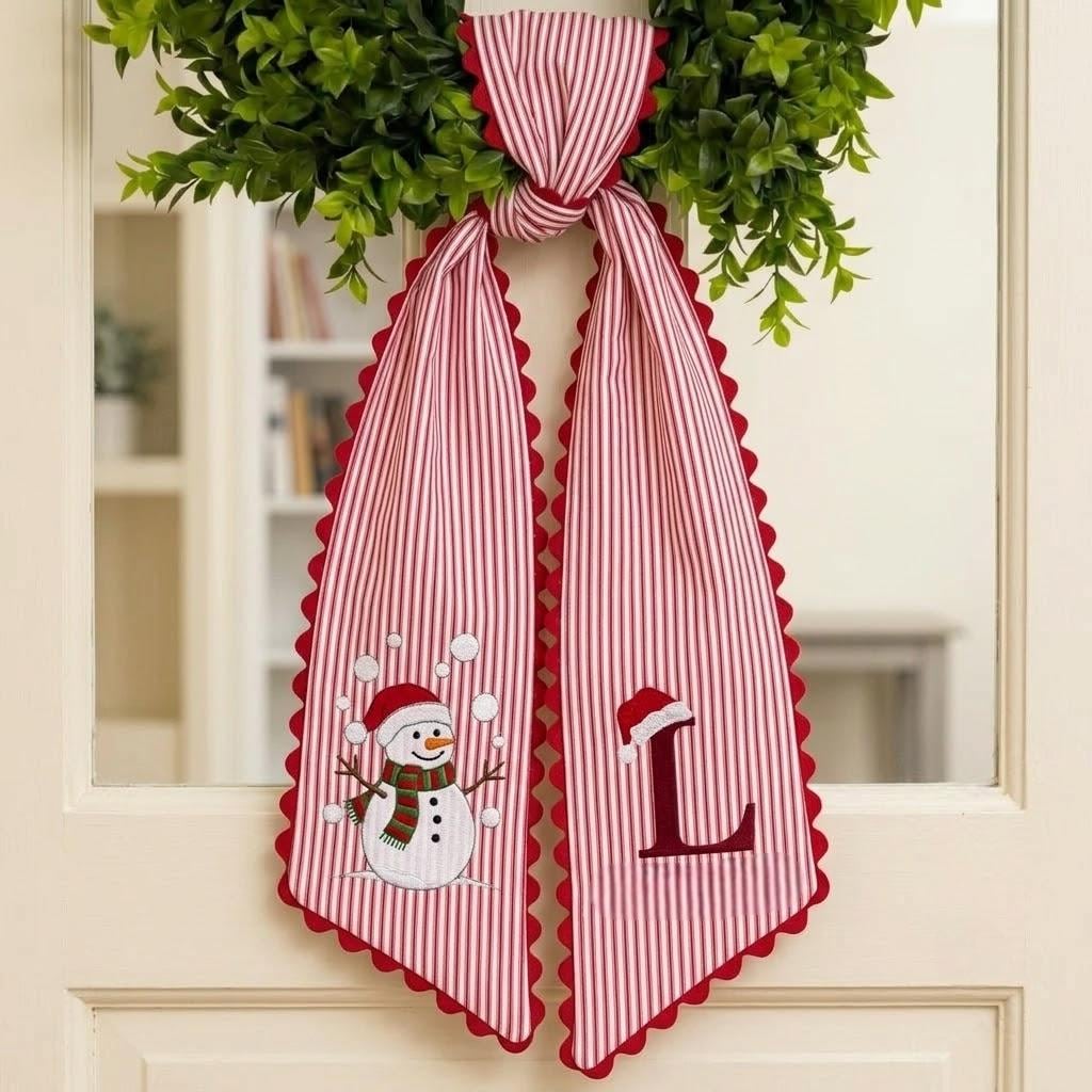 Personalized Snowman Christmas Wreath Sash, Custom Embroidered Santa Hat Monogram Door Decor