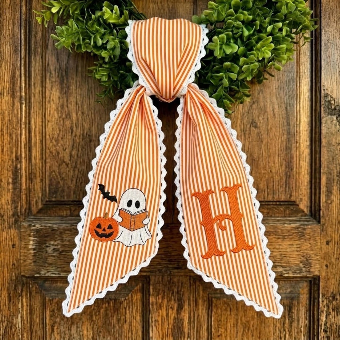 Personalized Halloween Wreath Sash, Ghost Pumpkin Embroidered Door Bow, Orange Stripe Monogram Front Door Decor
