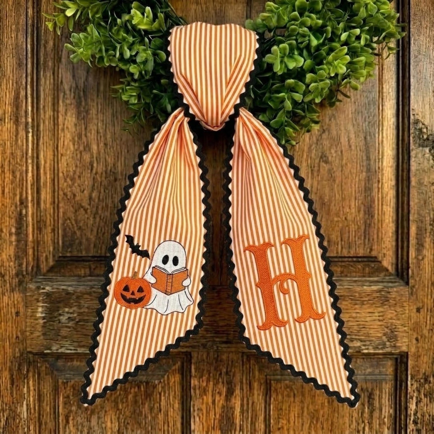 Personalized Halloween Wreath Sash, Ghost Pumpkin Embroidered Door Bow, Orange Stripe Monogram Front Door Decor