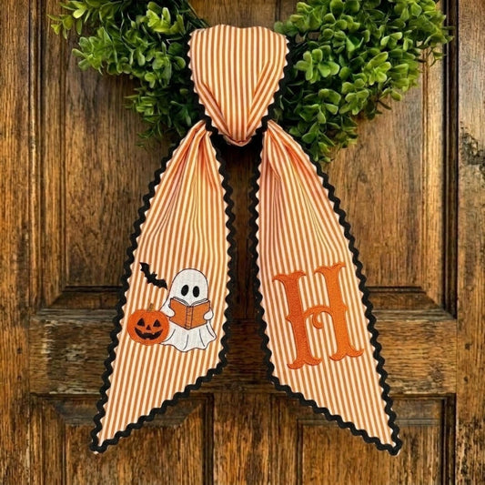 Personalized Halloween Wreath Sash, Ghost Pumpkin Embroidered Door Bow, Orange Stripe Monogram Front Door Decor