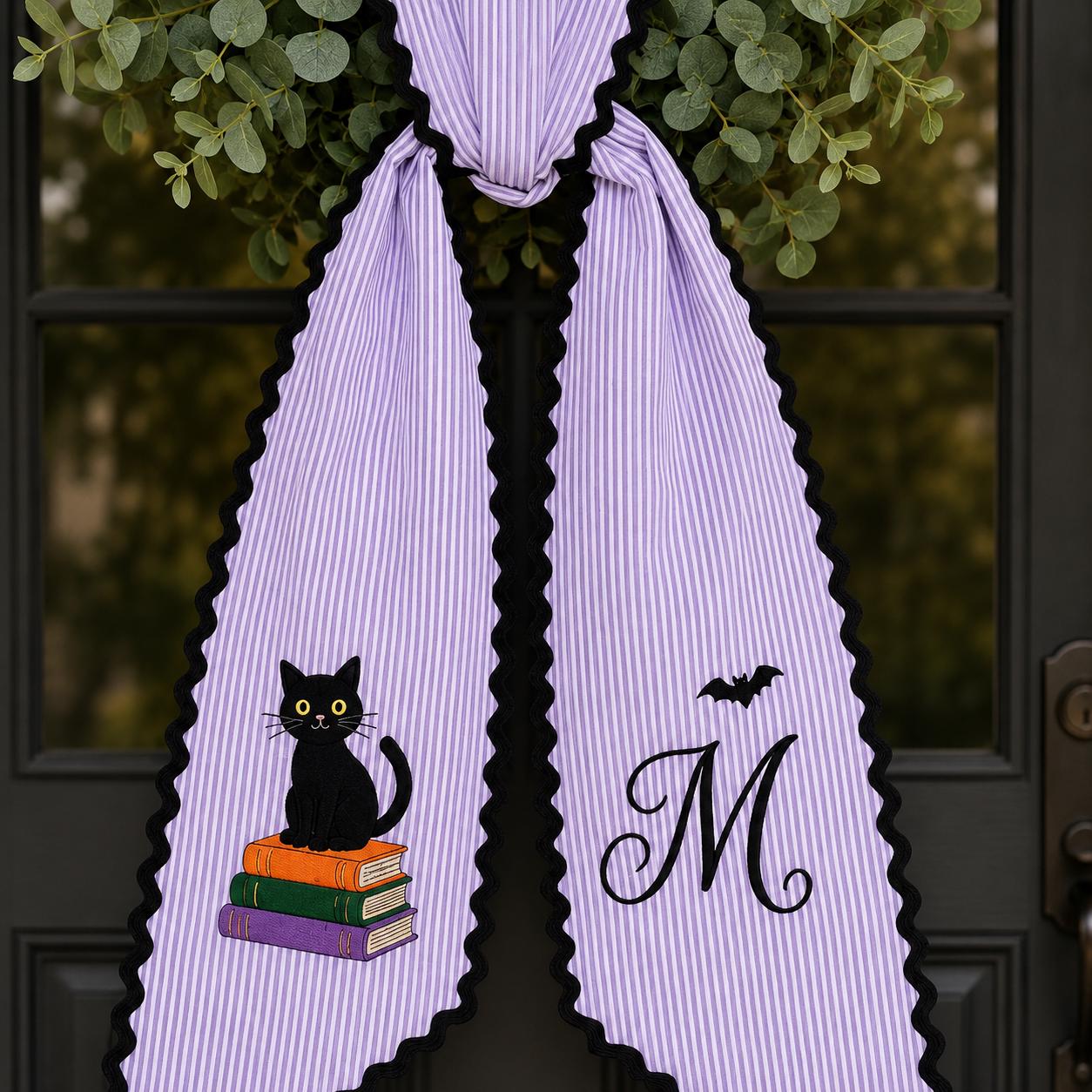 Personalized Halloween Wreath Sash, Embroidered Black Cat and Monogram Door Bow, Purple Striped Fall Porch Decor