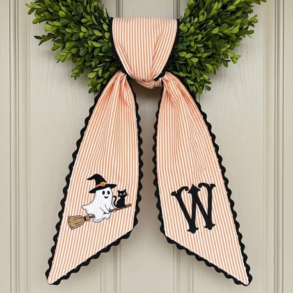 Personalized Halloween Wreath Sash, Custom Embroidered Witch Ghost Wreath Bow, Fall Porch Decoration Gift