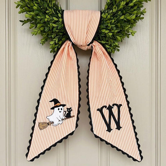 Personalized Halloween Wreath Sash, Custom Embroidered Witch Ghost Wreath Bow, Fall Porch Decoration Gift