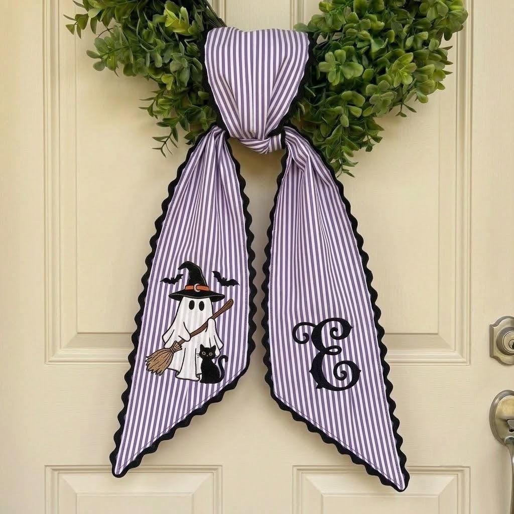 Personalized Halloween Ghost Wreath Sash, Custom Embroidered Front Door Decor, Fall Porch Decoration