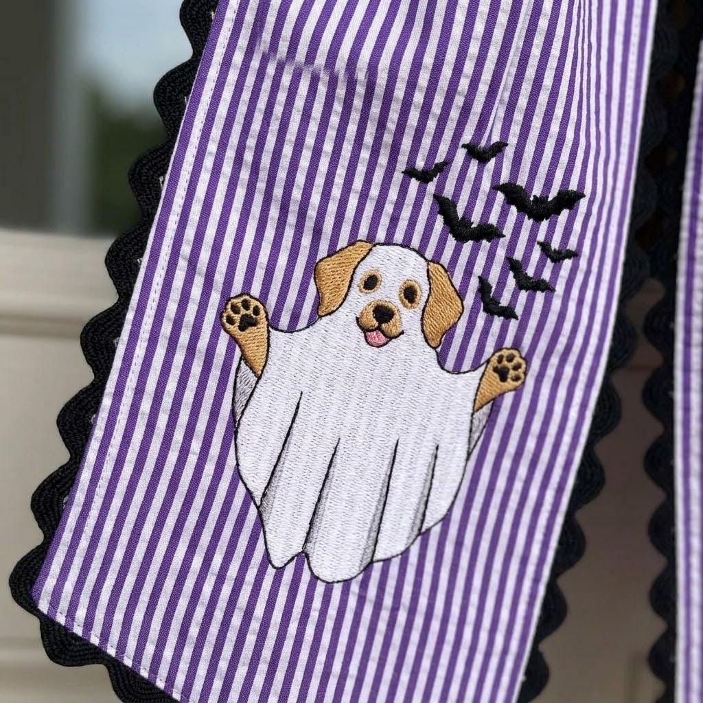 Personalized Halloween Wreath Sash, Custom Embroidered Golden Retriever Ghost Bow, Striped Front Door Decor
