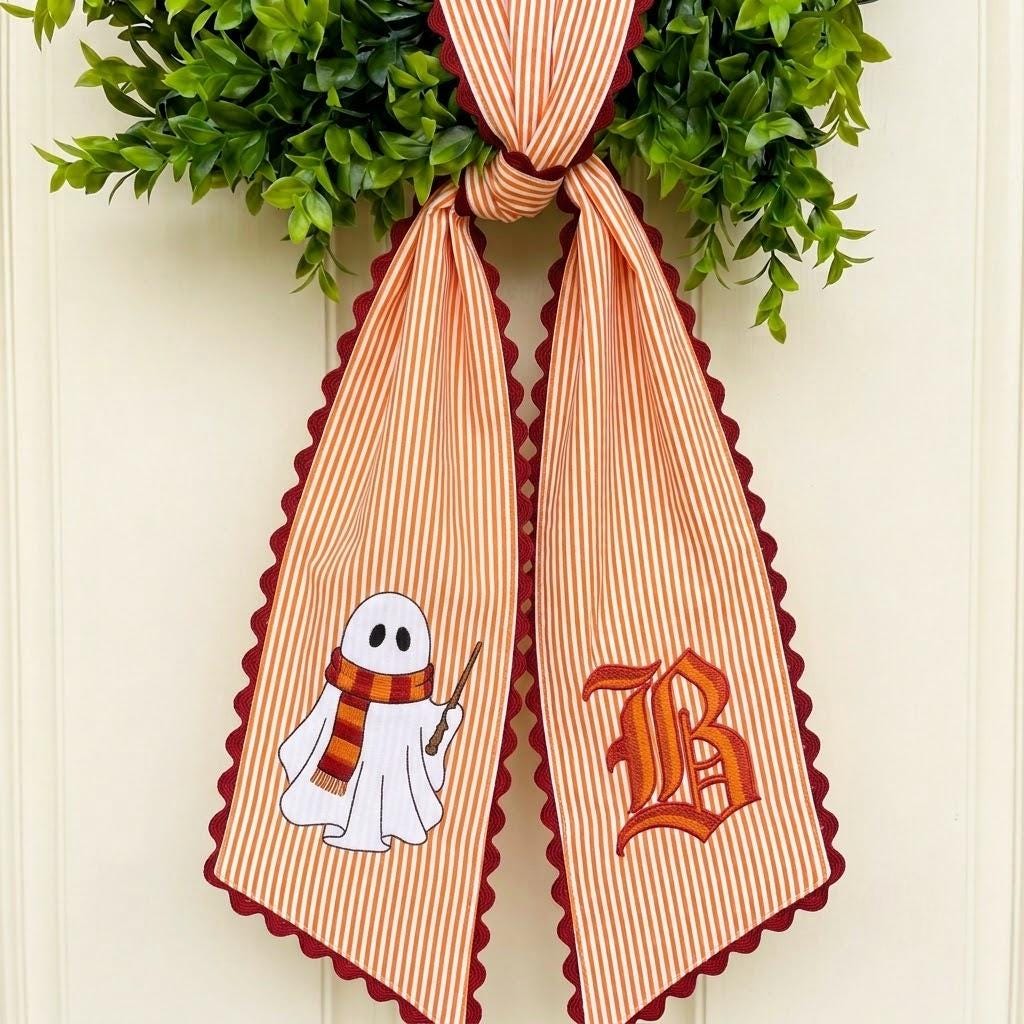Personalized Ghost Halloween Wreath Sash, Embroidered Monogram Door Bow Decor, Housewarming Gift