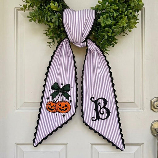 Custom Halloween Wreath Sash, Embroidered Pumpkin Cherries Bow, Personalized Initial Letter Monogram Door Decor