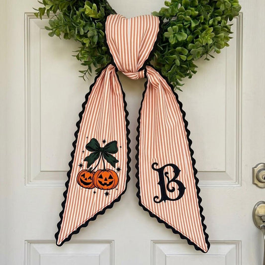 Custom Halloween Wreath Sash, Embroidered Pumpkin Cherries Bow, Personalized Initial Letter Monogram Door Decor