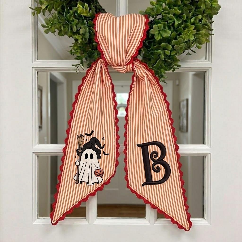 Custom Embroidered Witch Ghost Halloween Wreath Sash, Personalized Seasonal Front Door Decor