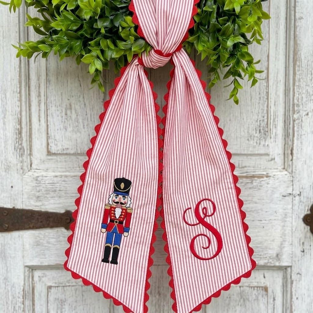 Personalized Nutcracker Embroidered Wreath Sash, Custom Christmas Monogram Wreath Bow, Holiday Front Door Decor