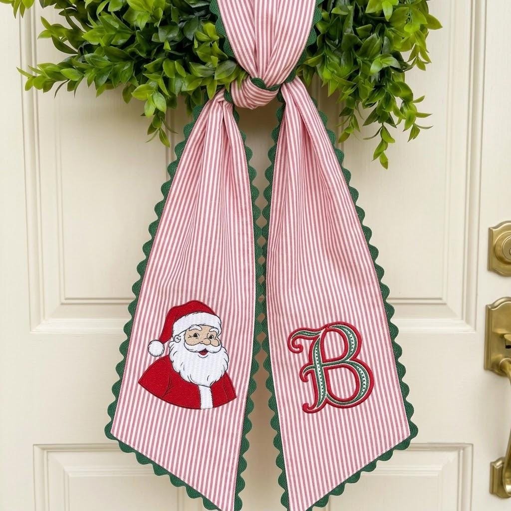 Personalized Santa Embroidered Wreath Sash, Custom Christmas Glittery Monogram Wreath Bow, Christmas Front Door Decor