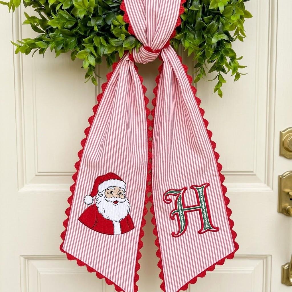 Personalized Santa Embroidered Wreath Sash, Custom Christmas Glittery Monogram Wreath Bow, Christmas Front Door Decor