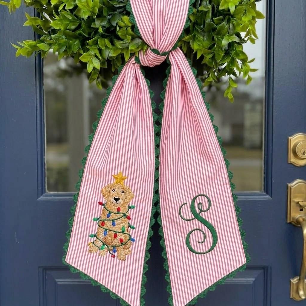 Personalized Christmas Dog Wreath Sash, Embroidered Monogram Sash, Festive Mailbox Decor