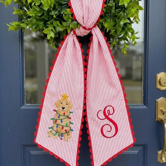 Personalized Christmas Dog Wreath Sash, Embroidered Monogram Sash, Festive Mailbox Decor