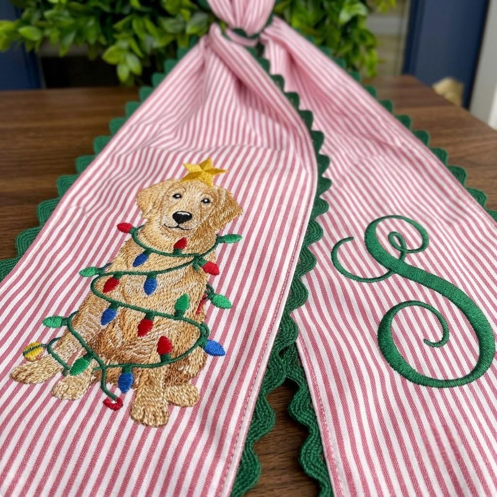 Personalized Christmas Dog Wreath Sash, Embroidered Monogram Sash, Festive Mailbox Decor