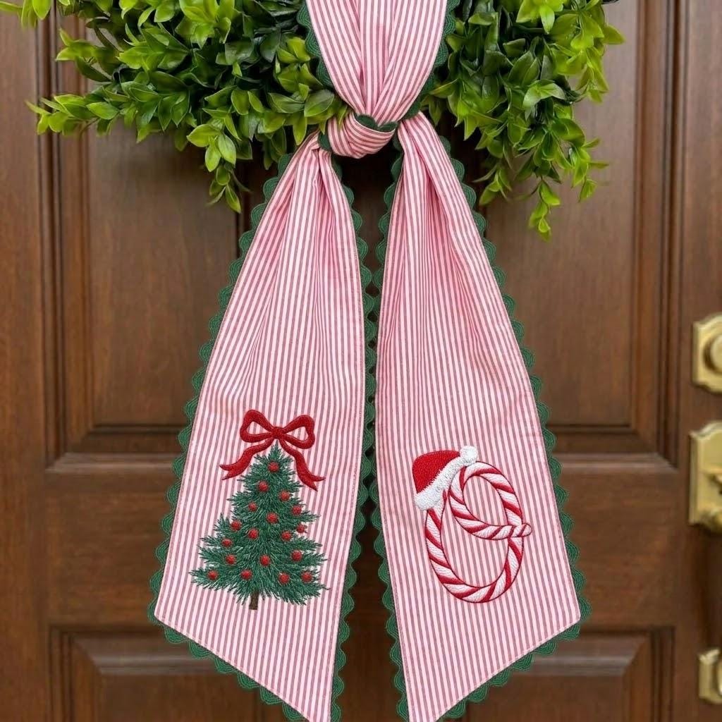 Personalized Christmas Tree Embroidered Wreath Sash, Custom Candy Cane Monogram Wreath Bow, Festive Xmas Gift