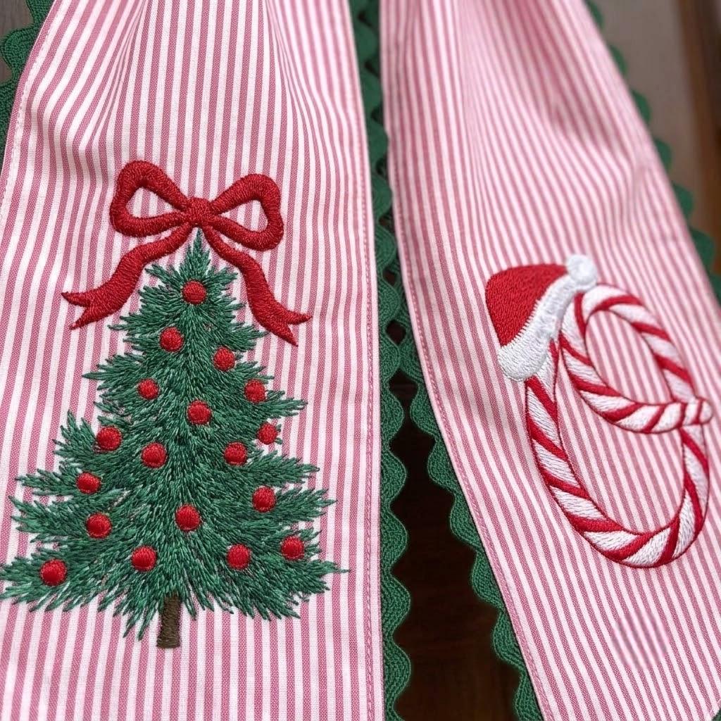 Personalized Christmas Tree Embroidered Wreath Sash, Custom Candy Cane Monogram Wreath Bow, Festive Xmas Gift