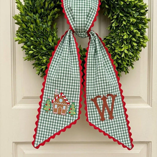 Custom Embroidered Christmas Wreath Sash, Personalized Candy House Cottage Bow, Holiday Door Decor