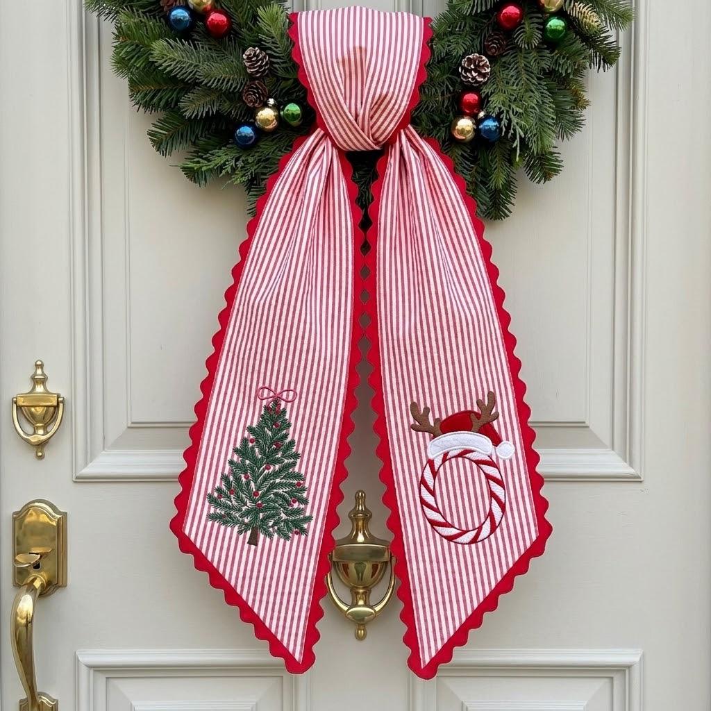 Personalized Striped Christmas Wreath Sash for Door Decor, Embroidered Christmas Tree Ribbon, Xmas Gift
