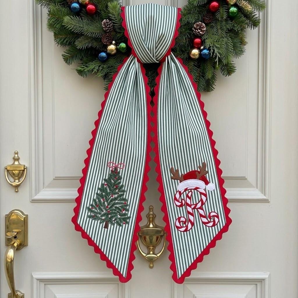 Personalized Striped Christmas Wreath Sash for Door Decor, Embroidered Christmas Tree Ribbon, Xmas Gift