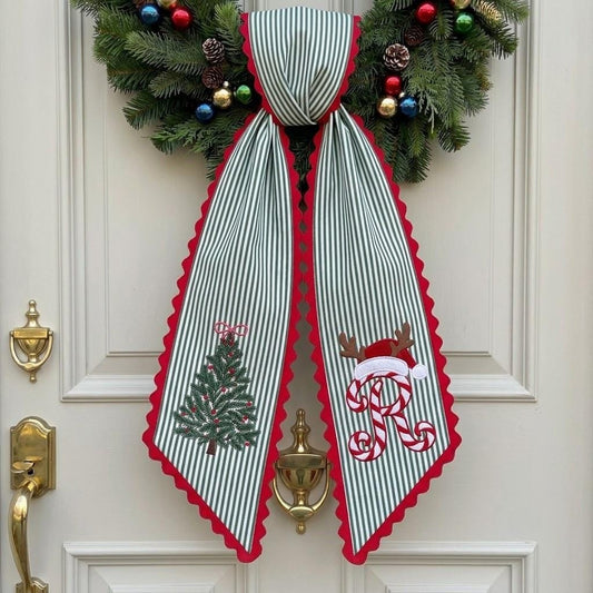 Personalized Striped Christmas Wreath Sash for Door Decor, Embroidered Christmas Tree Ribbon, Xmas Gift