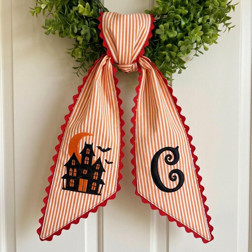 Personalized Haunted House Embroidered Wreath Sash, Custom Halloween Monogram Wreath Bow, Witchy Home and Apartment Decor