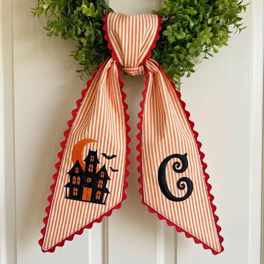 Personalized Haunted House Embroidered Wreath Sash, Custom Halloween Monogram Wreath Bow, Witchy Home and Apartment Decor