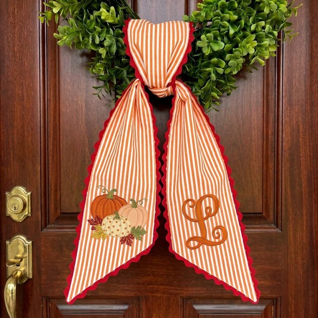 Personalized Fall Housewarming Gift, Autumn Pumpkin Embroidered Wreath Bow, Harvest Season Door Decor