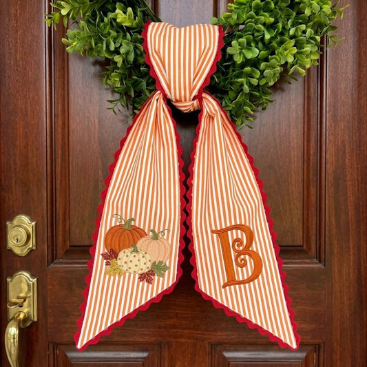 Personalized Fall Housewarming Gift, Autumn Pumpkin Embroidered Wreath Bow, Harvest Season Door Decor