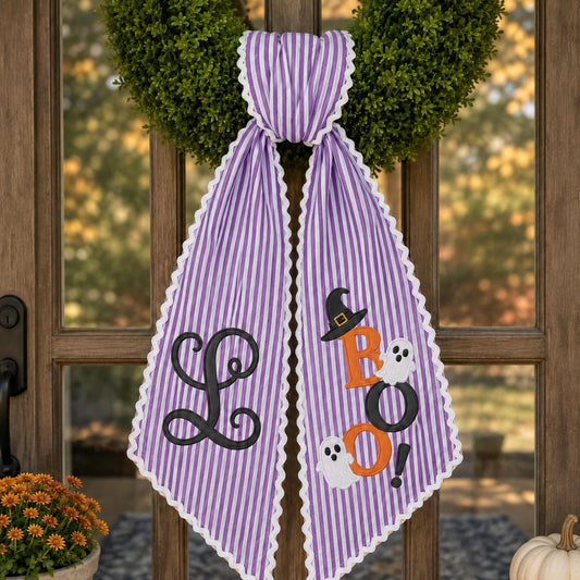 Personalized Halloween Wreath Sash, Purple Stripe Boo Door Bow, Ghost Monogram Front Door Decor
