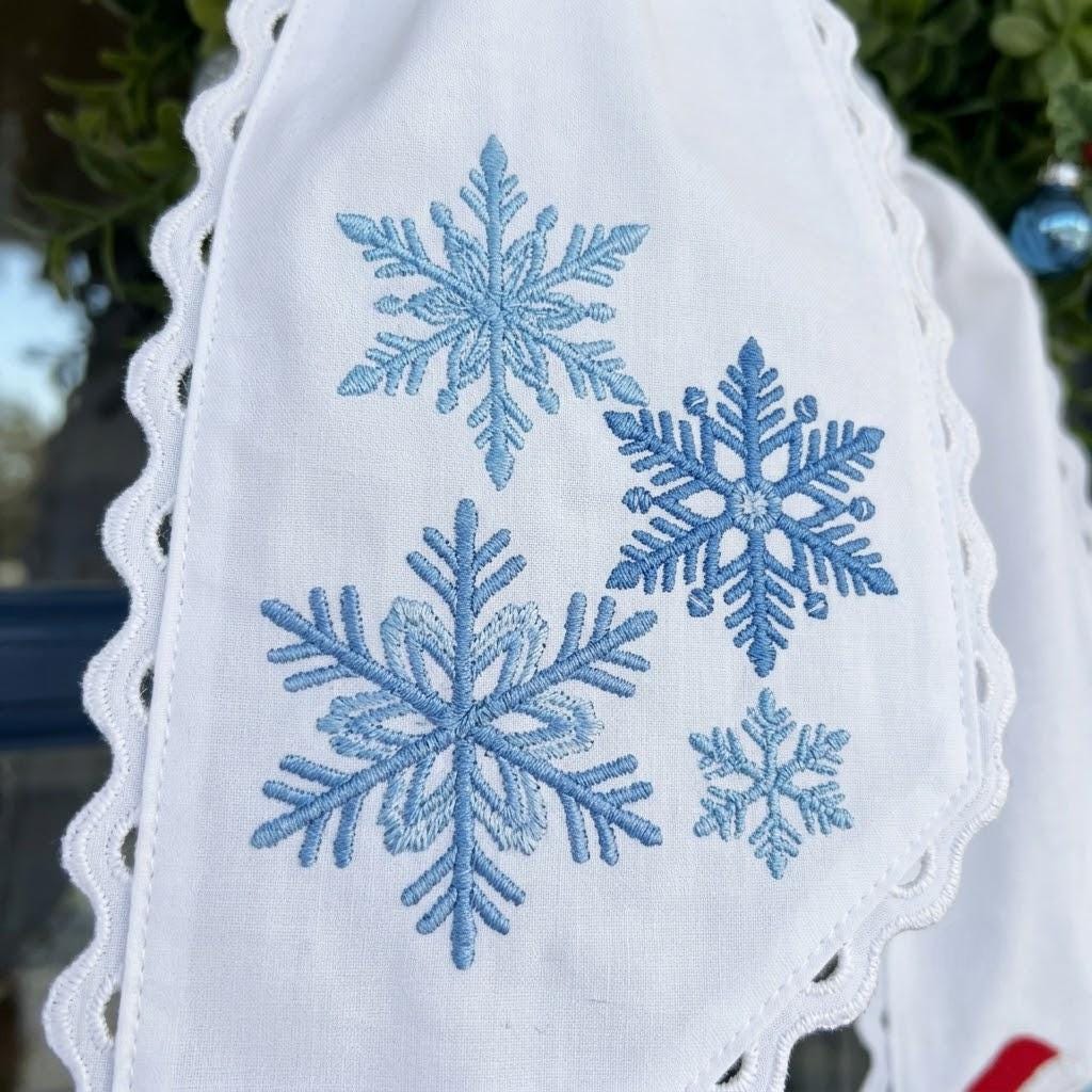 Custom Snowflake Christmas Wreath Sash, Personalized Monogram Door Bow, Embroidered Winter Holiday Decor