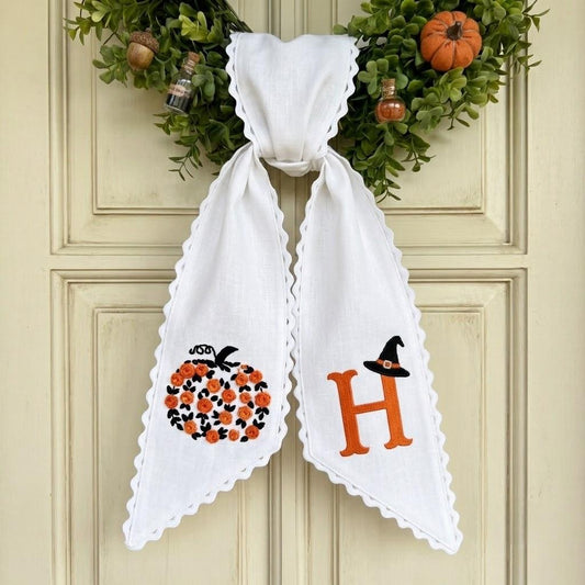 Embroidered Floral Pumpkin Monogram Wreath Sash, Autumn Door Bow Decor, Custom Thanksgiving Decoration