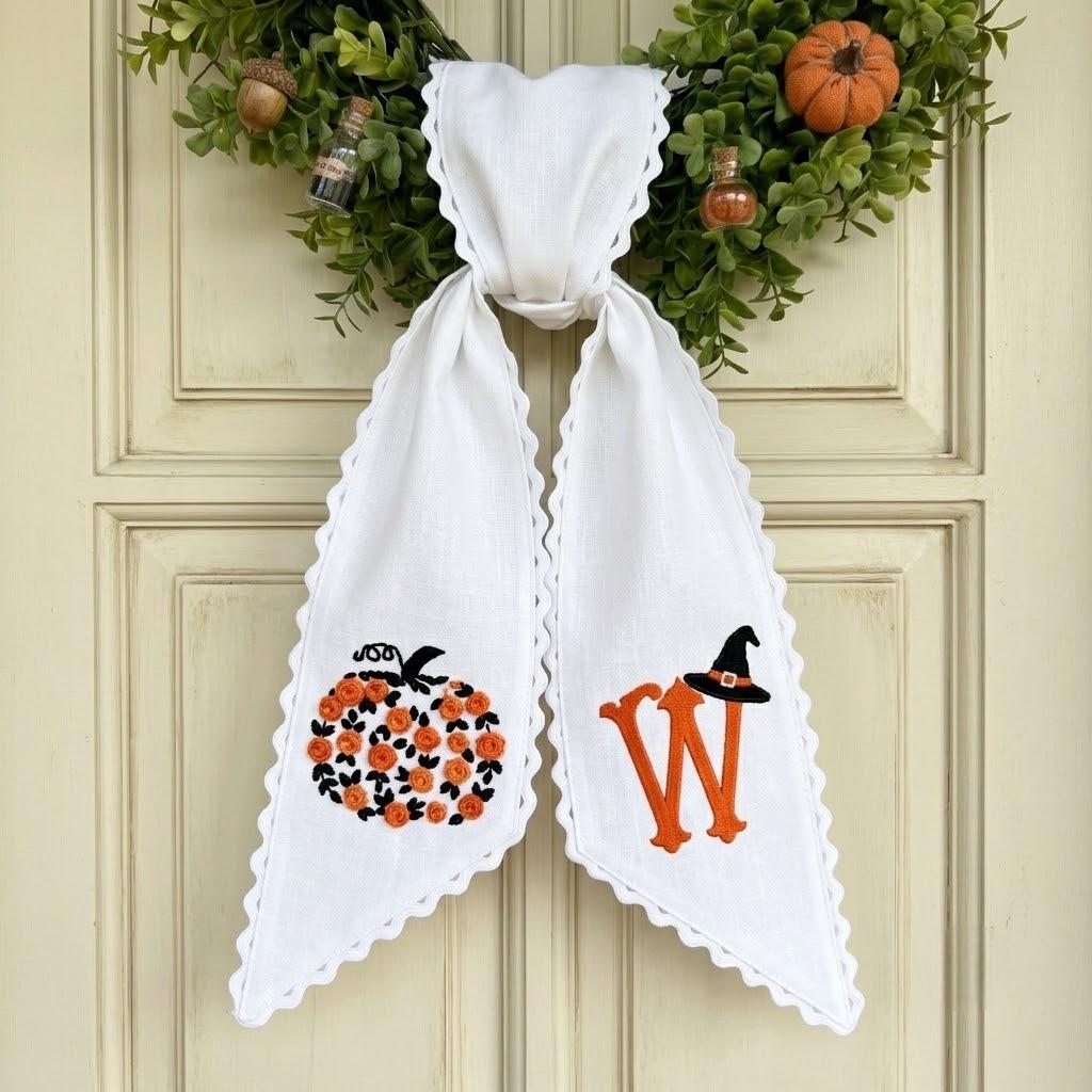 Embroidered Floral Pumpkin Monogram Wreath Sash, Autumn Door Bow Decor, Custom Thanksgiving Decoration
