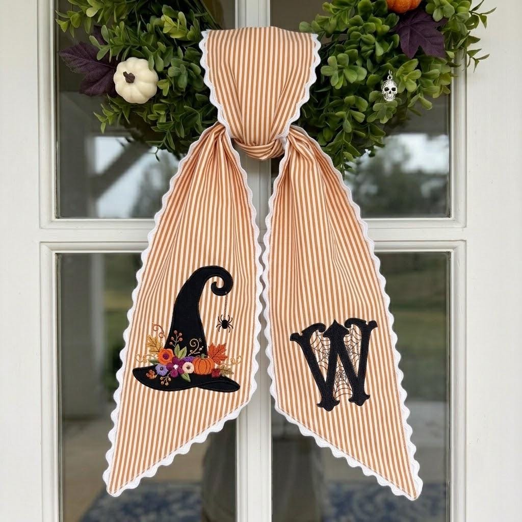 Custom Halloween Wreath Sash, Embroidered Floral Witch Hat Door Bow, Personalized Striped Autumn Front Porch Gift