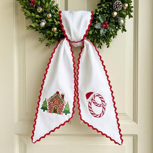 Embroidered Christmas Wreath Sash, Gingerbread House Candy Cane Monogram Door Bow, Holiday Front Door Decor