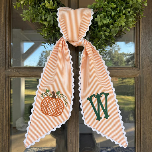 Embroidered Pumpkin Wreath Sash: Personalized Fall Door, Festive Halloween Autumn Porch Decor