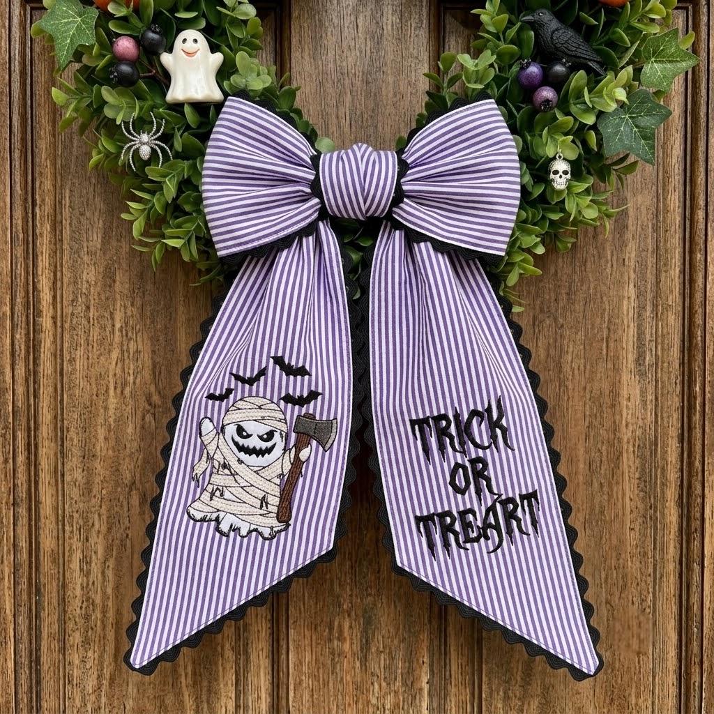 Personalized Halloween Trick or Treat Wreath Sash, Embroidered Mummy Ghost Wreath Bow