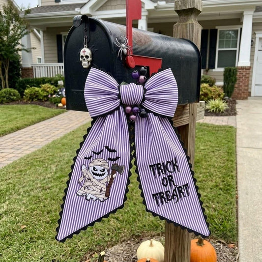 Personalized Halloween Trick or Treat Wreath Sash, Embroidered Mummy Ghost Wreath Bow