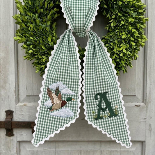 Personalized Mallard Duck Embroidered Wreath Sash, Custom Hunting Monogram Wreath Bow for Front Door Decor